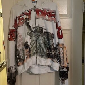 White Graphic Zip-Up Hoodie with Statue of Liberty Print- Vale Forever